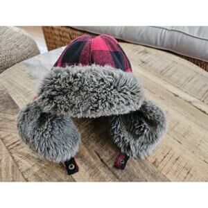 EDDIE BAUER Wool Blend Hadlock Trapper Hat~ Red Checkered / Faux Fur~Size S/M